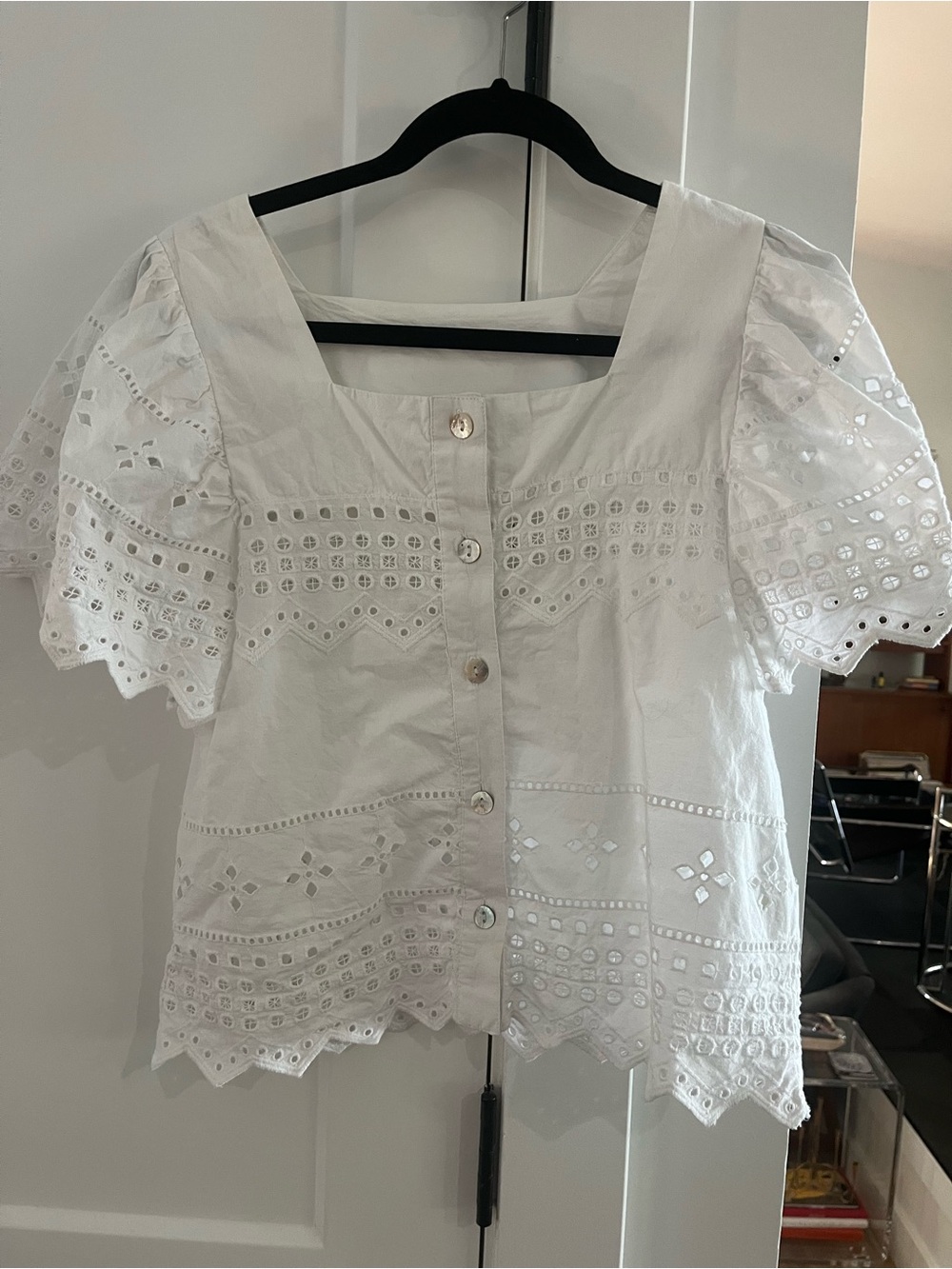 White Eyelet Button-Front Square Neck Women’s Top